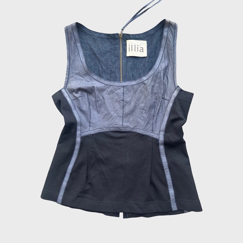 Illia Blue Gray Leather Knit Corset Tank Top Size 6 Alt Girl Whimsigoth Edgy Y2K